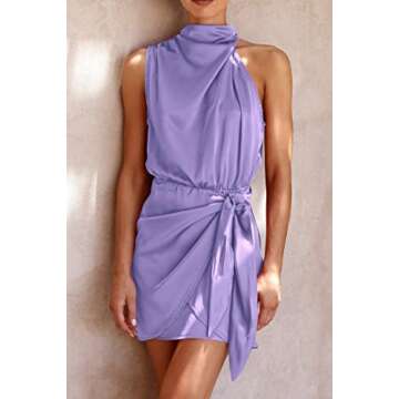 PRETTYGARDEN Women's Short Formal Satin Dress Summer Sleeveless Mock Neck Tie Waist Cocktail Party D...