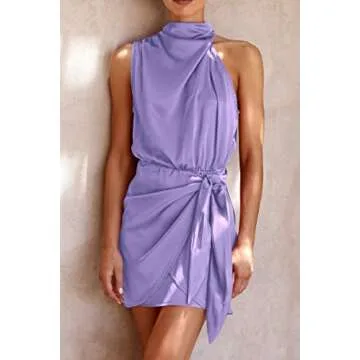 PRETTYGARDEN Women's Short Formal Satin Dress Summer Sleeveless Mock Neck Tie Waist Cocktail Party D...