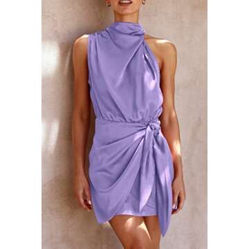 PRETTYGARDEN Women's Short Formal Satin Dress Summer Sleeveless Mock Neck Tie Waist Cocktail Party Dresses (Purple,Large)