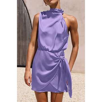 PRETTYGARDEN Women's Short Formal Satin Dress Summer Sleeveless Mock Neck Tie Waist Cocktail Party Dresses (Purple,Large)