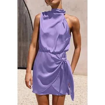 PRETTYGARDEN Women's Short Formal Satin Dress Summer Sleeveless Mock Neck Tie Waist Cocktail Party Dresses (Purple,Large)
