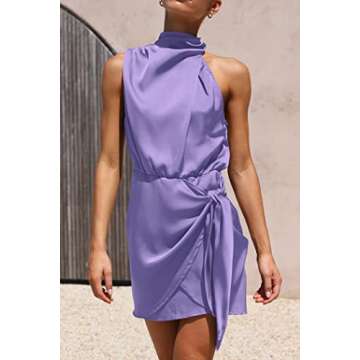 PRETTYGARDEN Women's Short Formal Satin Dress Summer Sleeveless Mock Neck Tie Waist Cocktail Party Dresses (Purple,Large)
