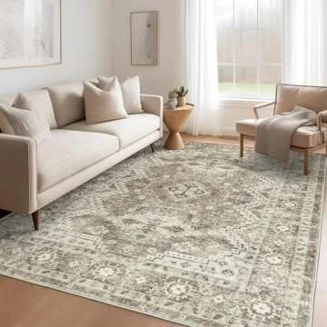 Rugland 5x7 Area Rugs - Stain Resistant Washable Rug, Anti Slip Rugs for Living Room, Vintage Tribal Area Rugs(TPR07-Ivory, 5'x7')