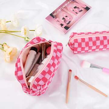 SOIDRAM Checkered Cosmetic Bag and Makeup Brush Storage Bag - Pink Travel Toiletry Organizer