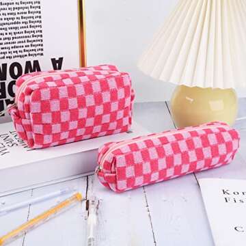 SOIDRAM Checkered Cosmetic Bag and Makeup Brush Storage Bag - Pink Travel Toiletry Organizer
