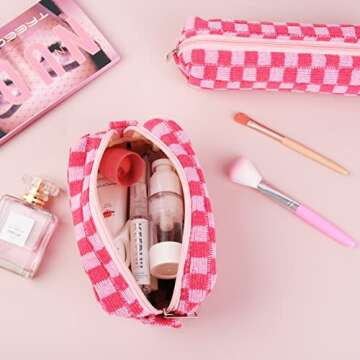 SOIDRAM Checkered Cosmetic Bag and Makeup Brush Storage Bag - Pink Travel Toiletry Organizer