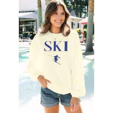 LOTUCY Ski Sweatshirts Women Skier Graphic Print Shirts Retro Ski Crewneck Tops Winter Long Sleeve P...