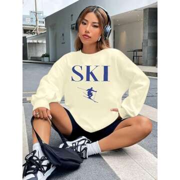 LOTUCY Ski Sweatshirts Women Skier Graphic Print Shirts Retro Ski Crewneck Tops Winter Long Sleeve Pullovers Apricot