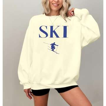 LOTUCY Ski Sweatshirts Women Skier Graphic Print Shirts Retro Ski Crewneck Tops Winter Long Sleeve Pullovers Apricot