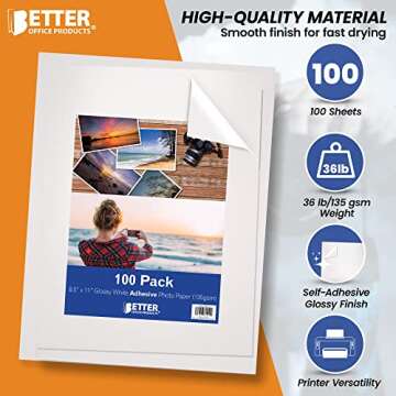 Better Office Products Self-Adhesive Photo Paper, Sticky Photo Paper, Glossy, 8.5 x 11 Inch, 100 Sheets, 135 gsm, Letter Size, 100 Count Pack