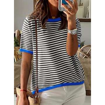 Dokotoo Womens Crewneck Tops Summer Casual Color Block Short Sleeve T-Shirts for Women 2025 Fashion Fall Striped Knitted Top Lightweight Top for Women Trendy Blouses Sweaters Black Small