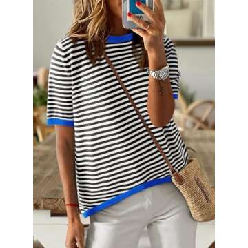 Dokotoo Womens Crewneck Tops Summer Casual Color Block Short Sleeve T-Shirts for Women 2025 Fashion Fall Striped Knitted Top Lightweight Top for Women Trendy Blouses Sweaters Black Small