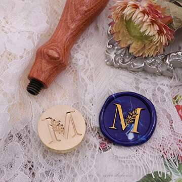 SWANGSA Initial Alphabet M Wax Seal Stamp, Vintage Elegant Botanical Leaves Letter Sealing Stamp for Wedding Party Invitation, Gift Wrap, Envelope, Christmas Thanksgiving Card (M)