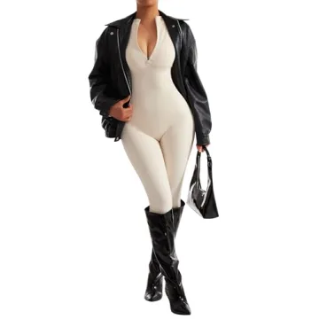 SUUKSESS Sexy Zip-Up Jumpsuit Flattering Workout Romper