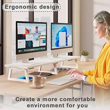 TEAMIX 42 inch White Monitor Riser for 2 Monitors, Wood Desktop Dual Stand with Metal Legs, Long Screen/PC/Laptop Storage,Computer Shelf TV Holder Home Office (White, inch)