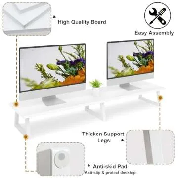 TEAMIX 42 inch White Monitor Riser for 2 Monitors, Wood Desktop Dual Stand with Metal Legs, Long Screen/PC/Laptop Storage,Computer Shelf TV Holder Home Office (White, inch)