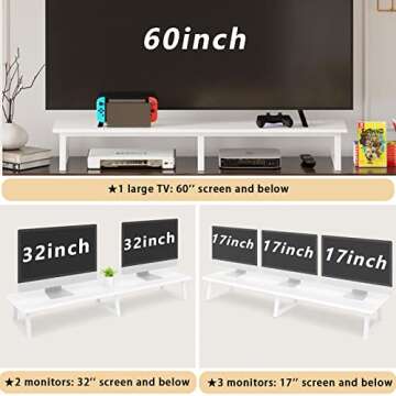 TEAMIX 42 inch White Monitor Riser for 2 Monitors, Wood Desktop Dual Stand with Metal Legs, Long Screen/PC/Laptop Storage,Computer Shelf TV Holder Home Office (White, inch)