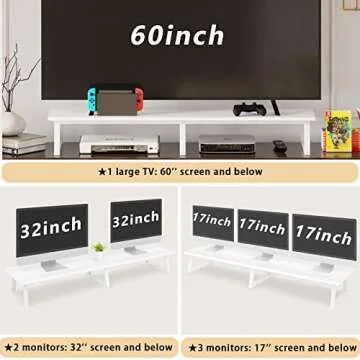 TEAMIX 42 inch White Monitor Riser for 2 Monitors, Wood Desktop Dual Stand with Metal Legs, Long Screen/PC/Laptop Storage,Computer Shelf TV Holder Home Office (White, inch)