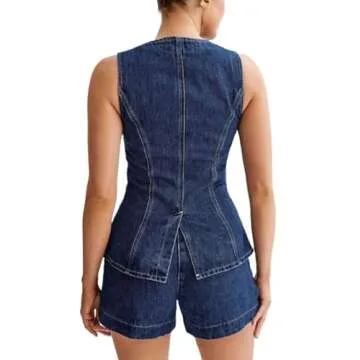 QIISEVEN Denim Vest 2 Piece Sets High Waist Shorts Old Money Clothes Women Y2K Free People Business Casual Outfits (Blue,S,Small)