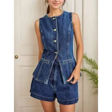 QIISEVEN Denim Vest 2 Piece Sets High Waist Shorts Old Money Clothes Women Y2K Free People Business Casual Outfits (Blue,S,Small)