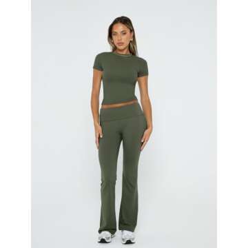 Trendy Queen Lounge Sets For Women 2 Piece Casual Y2K Outfits Short Sleeve Cropped Tops Fold Over Flare Pants Tracksuits ArmyGreen M