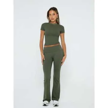 Trendy Queen Lounge Sets For Women 2 Piece Casual Y2K Outfits Short Sleeve Cropped Tops Fold Over Flare Pants Tracksuits ArmyGreen M