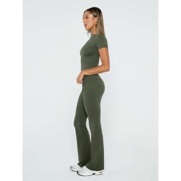 Trendy Queen Lounge Sets For Women 2 Piece Casual Y2K Outfits Short Sleeve Cropped Tops Fold Over Flare Pants Tracksuits ArmyGreen M