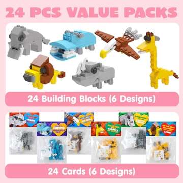 JOYIN 24 Packs Valentines Day Cards with Safari Animal Building Blocks for Gifts Party Favor, Classr...