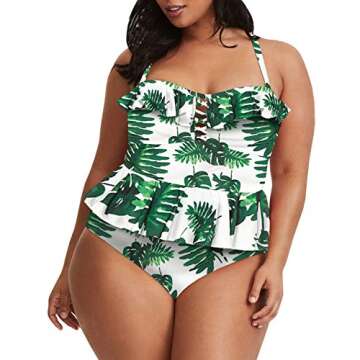 Womens Plus Size Swimwear Peplum Tankini Tops Tummy Control Floral Retro Swimsuits (XXXX-Large, Leaf...