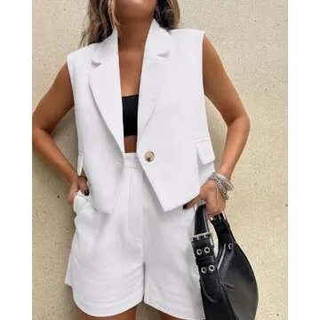 KIRUNDO 2 Piece Shorts Set for Women Crop Vest Blazer Short Suits 2025 Summer Clothes Casual Outfits Cruise Beach Linen Matching Set(White, Small)