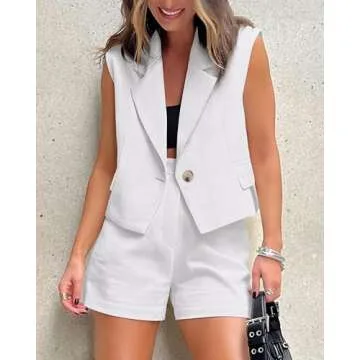 KIRUNDO 2 Piece Shorts Set for Women Crop Vest Blazer Short Suits 2025 Summer Clothes Casual Outfits Cruise Beach Linen Matching Set(White, Small)