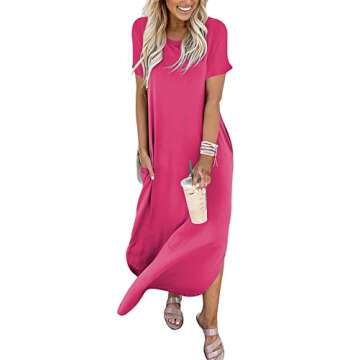 ANRABESS Women's Summer Casual Loose Short Sleeve Long T Shirt Dress Split Maxi Beach Sundress Travel Vacation Outfits Pink Large