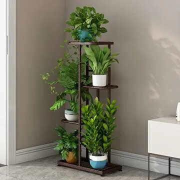 LINZINAR Plant Stand Metal 4 Tier 5 Potted Multiple Flower Pot Holder Shelf Indoor Outdoor Planter Display Shelving Unit for Patio Garden Corner Balcony Living Room (4 Tier 5 Potted, Bronze)
