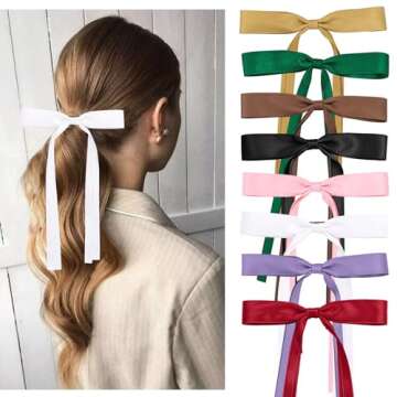 8PCS Ribbon Bows knot Hair Clips for Women Girls, Silky Satin Tassel Barrettes With Long Tail, Cute Ponytail Holder Hair Styling Accessories (8 colors Brown)