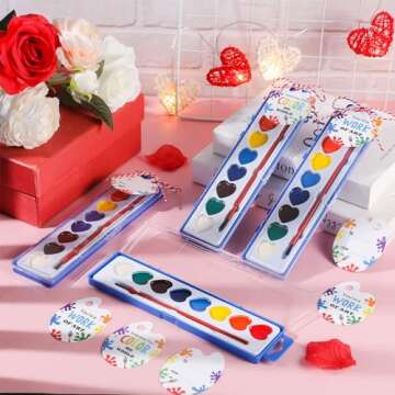 Sabary 24 Pack Watercolor Paint Sets for Valentine's Day Gifts 8 Washable Water Color Paints with Gift Card and 20 Meters Red Rope for Valentine School Birthday Gift Exchange Graduation