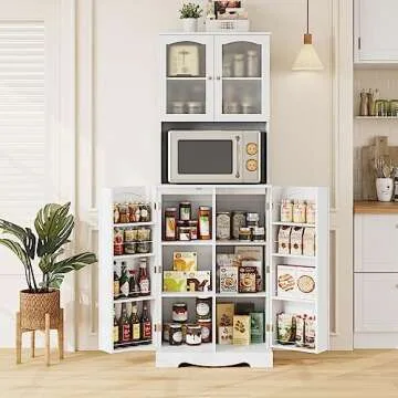 HOSTACK 71'' Pantry Cabinet, Tall Storage Cabinet with Microwave Stand, Freestanding Kitchen Hutch with Doors and Adjustable Shelves, Mordern Food Pantry for Kitchen, Dining Room, White