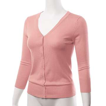 EIMIN Women's 3/4 Sleeve V-Neck Button Down Stretch Knit Cardigan Sweater PEACHBEIGE M