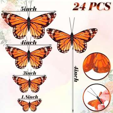 24 Pcs Monarch Butterfly Decorations 4 Size Artificial Monarch Feather Fake Butterfly Picks Crafts w...