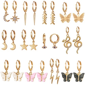 Stunning 12 Pairs Gold Butterfly Earrings - Stylish Dangle Hoops for Women