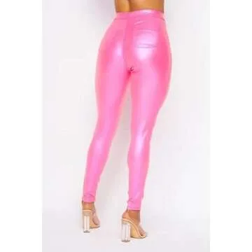 SOHO GLAM Super High Waisted Faux Leather Stretchy Skinny Jeans - (Metallic Pink, Medium)