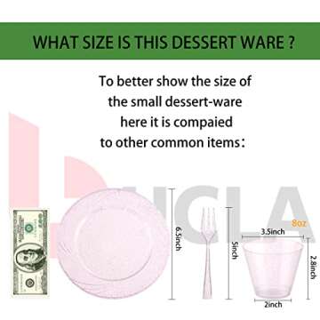 BUCLA 100pack Dessert Plates Pink Plates 6.5inch -100pack Plastic Dessert Forks 5inch-100Pack Disposable 9oz Rose Pink Plastic Cups- Perfect for Weddings& Parties&Mothers Day Plates