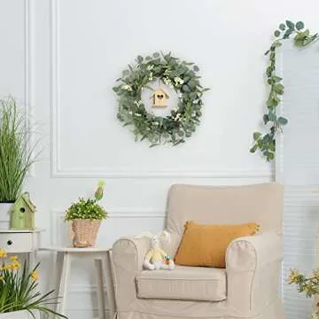CEWOR Artificial Eucalyptus Wreath for Front Door 20in, Spring Summer Green Leaf Wreath for Farmhouse Wall Wedding Decor Window Front Porch Patio Garden Decoration