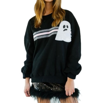 KOSUSANILL Sequin Halloween Sweatshirt for Women Sparkly Dancing Skeleton Spooky Season Ghost Crewne...