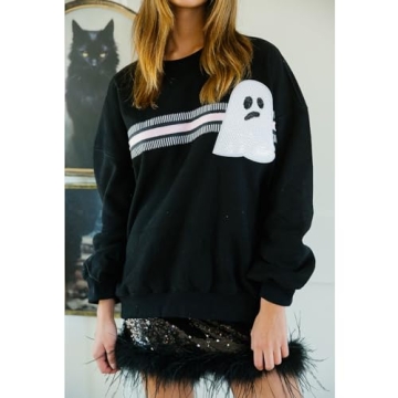 KOSUSANILL Sequin Halloween Sweatshirt for Women Sparkly Dancing Skeleton Spooky Season Ghost Crewnecks Halloween Sequin Pullover Shirt Pumpkin Sweater Top