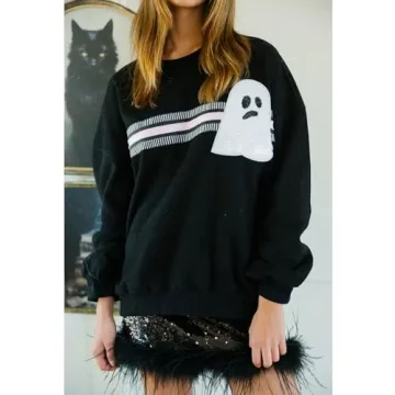 KOSUSANILL Sequin Halloween Sweatshirt for Women Sparkly Dancing Skeleton Spooky Season Ghost Crewnecks Halloween Sequin Pullover Shirt Pumpkin Sweater Top
