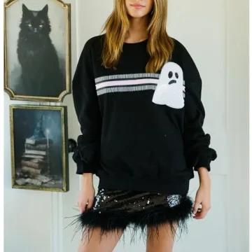 KOSUSANILL Sequin Halloween Sweatshirt for Women Sparkly Dancing Skeleton Spooky Season Ghost Crewnecks Halloween Sequin Pullover Shirt Pumpkin Sweater Top