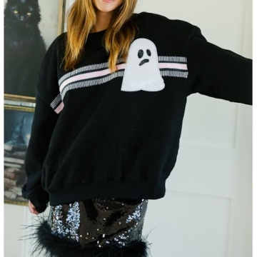 KOSUSANILL Sequin Halloween Sweatshirt for Women Sparkly Dancing Skeleton Spooky Season Ghost Crewnecks Halloween Sequin Pullover Shirt Pumpkin Sweater Top