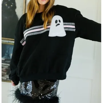 KOSUSANILL Sequin Halloween Sweatshirt for Women Sparkly Dancing Skeleton Spooky Season Ghost Crewnecks Halloween Sequin Pullover Shirt Pumpkin Sweater Top