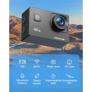 WOLFANG Action Camera 4K 20MP GA100, Waterproof 40M Underwater Camera for Snorkeling, EIS Stabilizat...