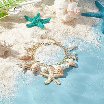 PH PandaHall Fashion Sea Shell Starfish Bracelets Mermaid Costume Jewelry Golden Shell Beads Bracelets Pearl Charm Bracelets for Women Adjustable Hawaiian Jamaican Ankle Bracelets Jewelry